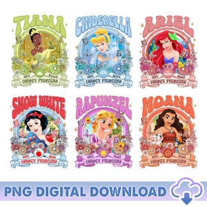Disneyland Princess Characters PNG Bundle, Tiana Cinderellä Ariel Snow White Rapunzel Moana Png, Disneyland Girl Trip Png, Family Trip Png
