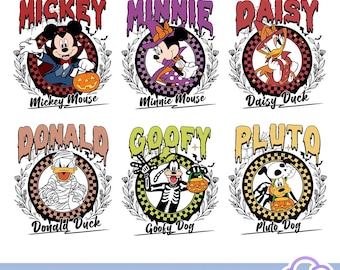 Disneyland Characters Checkered Halloween PNG Bundle, Mickey And Friends Halloween, Mickey&#39;s Not So Scary Halloween Party Digital Download