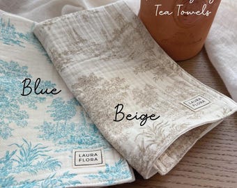 Toile de Jouy Tea Towel Placemat: French Gauze & Cotton, Blue or Beige