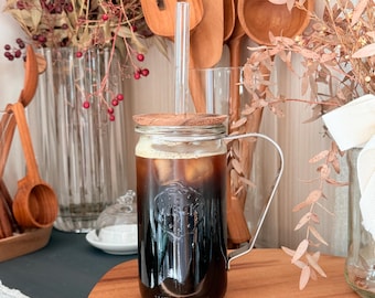 Weck 742 - Ensemble de bocaux avec couvercle en bois, poignée en acier inoxydable et paille en verre | Gobelet à café respectueux de l'environnement, Tasses en verre à thé glacé, Cadeau durable
