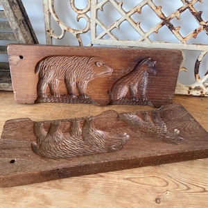 Antique Bear and Wolf treen biscuit mould - Dutch wooden cookie mold