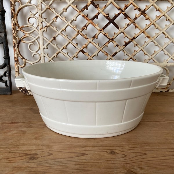 Antique white ironstone coopered butter bowl - small