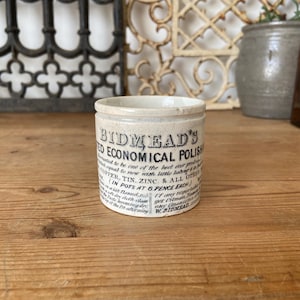 Antique Bidmead’s Celebrated Economical Polish pot - English ironstone advertising pot
