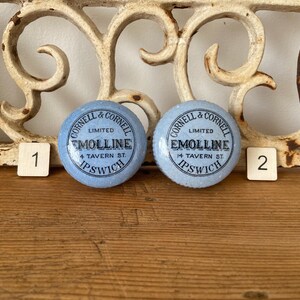 Blue Emolline pot lids - antique ironstone advertising pot lid