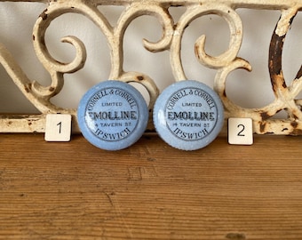 Blue Emolline pot lids - antique ironstone advertising pot lid