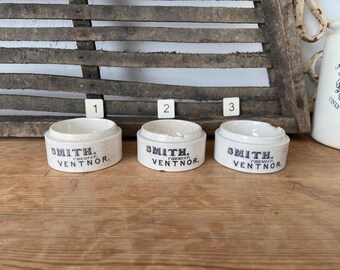 Antique white ironstone ointment pot bases - Smith Chemist, Ventnor pharmacy advertising