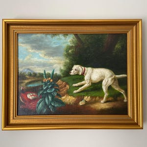 Antique French oil painting on canvas - White dog hunting pheasants