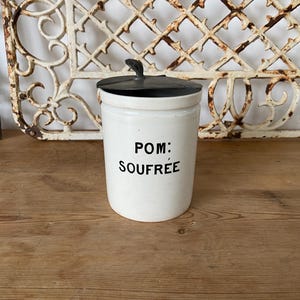 Antique French pharmacy &#39;Sulphur Ointment&#39; pot with pewter lid - POM: SOUFREE apothecary jar