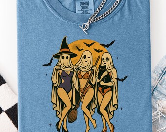 Retro Show Me Your Boos Halloween Comfort Colors® Shirt, Sexy Witch Shirt, Spooky Witch Bats Moon Party Tee, Vintage Style Halloween T-Shirt