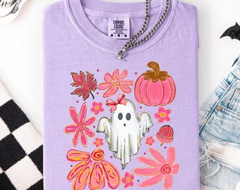 Comfort Colors® Halloween Cute Ghost Shirt, Pink Floral Ghost Shirt, Pink Bow Ghost T-Shirt, Cute Fall Shirt, Trendy Autumn T-Shirt