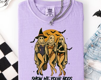 Comfort Colors® Retro Show Me Your Boos Halloween Shirt, Sexy Witch Shirt, Spooky Witch Bats Moon Party Tee, Vintage Style Halloween T-Shirt