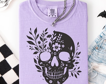 Comfort Colors® Halloween Floral Skull T-Shirt, Womens Fall Shirt, Flower Skull T-Shirt, Floral Halloween Shirt, Boho Spooky Tee