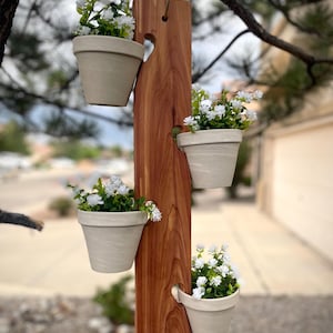 May include: A wooden hanging planter with four beige pots, each filled with white flowers. The planter is made of reddish-brown wood and has a heart-shaped cutout near the top. The pots are suspended at different levels.