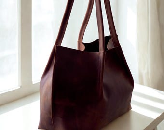 Womens leather purse, leather shopper bag, soft leather shopping bag, casual shoulder purse, everyday travel bag, birthday gift for mom
