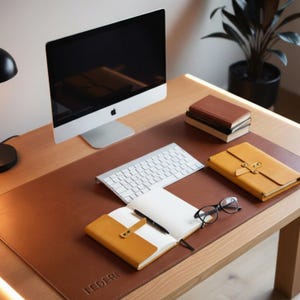 May include: A contemporary desk arrangement with a brown leather desk mat, computer, keyboard, notebooks, and spectacles. The notebooks are tan and yellow with a leather clasp. The word "LEDERI" is visible on the mat.
