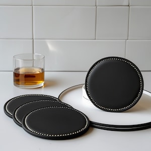 Personalized leather coasters, custom leather coasters with holder, engraved coaster set, leather circles rounders, drink coaster