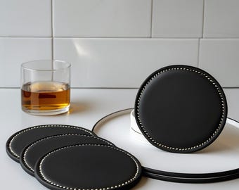 Personalized Leather Coaster Set with Holder: Engraved Drink Coasters
