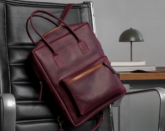 Burgundy Leather Backpack Purse: Minimalist Travel Laptop Backpack