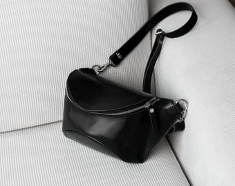 Black leather belt bag, leather hip bag, handmade crossbody bum bag, fanny pack for men, mens waist bag,gift for him