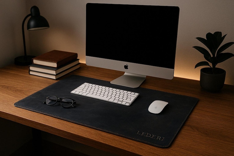 May include: A black leather desk mat with the word "LEDERJ" embossed in white. The mat is on a wooden desk with a computer, keyboard, mouse, glasses, and a stack of books.