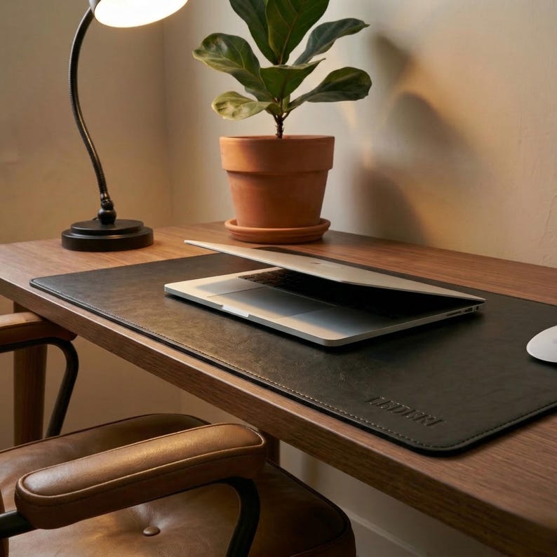 May include: A black leather desk mat with a laptop and a computer mouse on a wooden desk. A potted plant and a black desk lamp are also on the desk. The desk is next to a brown leather chair.