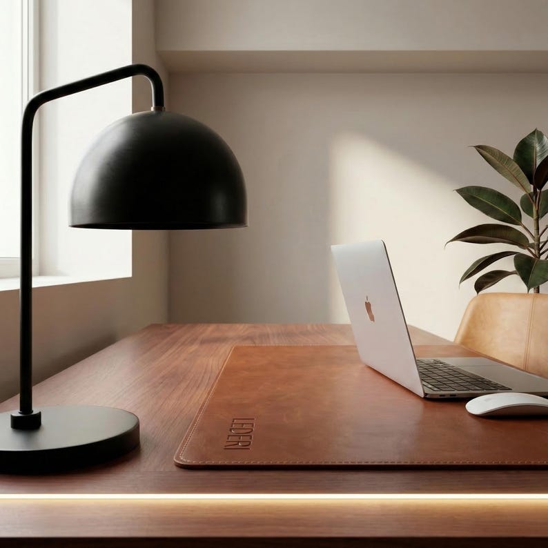 May include: A contemporary desk arrangement with a black dome-shaped lamp, a laptop, and a brown leather desk mat. The wooden desk has a warm hue. A plant in a leather pot adds a natural element. The desk mat has the word "LEDERI" on it.