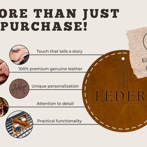 May include: An advertisement for Lederi products. The image features a brown leather circle with the brand name and the text "MORE THAN JUST A PURCHASE!". Additional text highlights features like genuine leather, personalization, and eco-friendly packaging.
