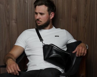 Black Leather Crossbody Bum Bag, Custom Belt Bag, Gift for Dad