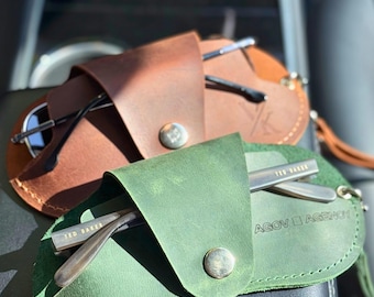 Personalized Leather Glasses Case, Handmade Eyeglass Holder, Sunglasses Cover, Gift for Dad