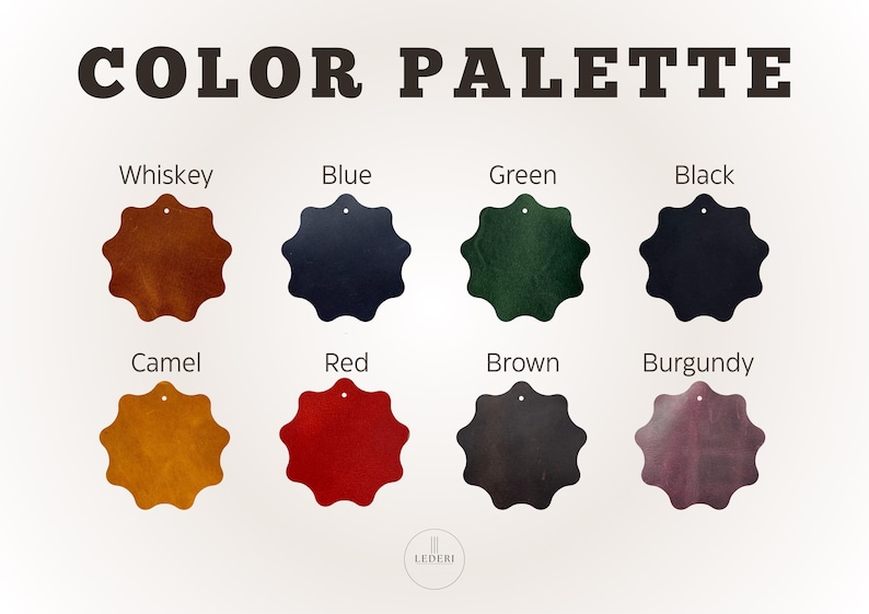 May include: Image of a colour palette featuring eight leather swatches. The colours are Whiskey, Blue, Green, Black, Camel, Red, Brown, and Burgundy. Each swatch has a distinctive shape and a hole.