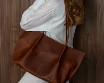 Genuine Leather Shopping Bag: Large Minimalist Shoulder Tote