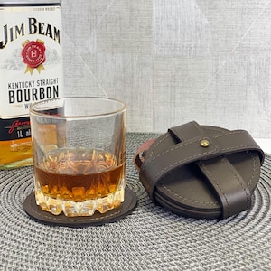 Leather drink coasters set, personalized coffee cup coasters, unique handmade coaster, kitchen table decor, round cup holder coasters