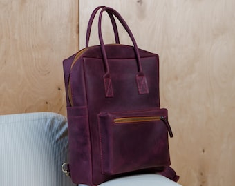 Burgundy Leather Laptop Backpack: Women's Travel Purse