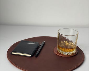 Custom mouse pad, leather round desk pad, customized round placemats, kitchen table decor, leather rustic table decor, restaurant placemats