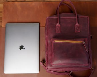 Handmade Burgundy Leather Backpack: Minimalist City Laptop Bag