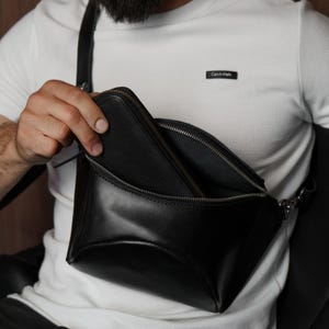 Black leather sling bag, mens fanny pack, crossbody shoulder bag, handmade bum bag, waist belt bag, gift for husband, gift for him