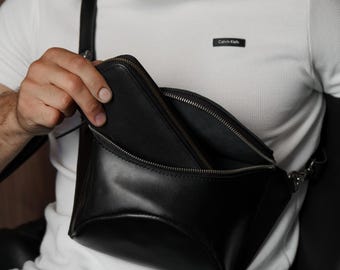 Black leather sling bag, mens fanny pack, crossbody shoulder bag, handmade bum bag, waist belt bag, gift for husband, gift for him