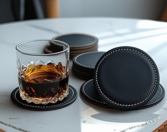 Luxury Leather Coaster Set: Engraved Drink Coasters, Barware Gift