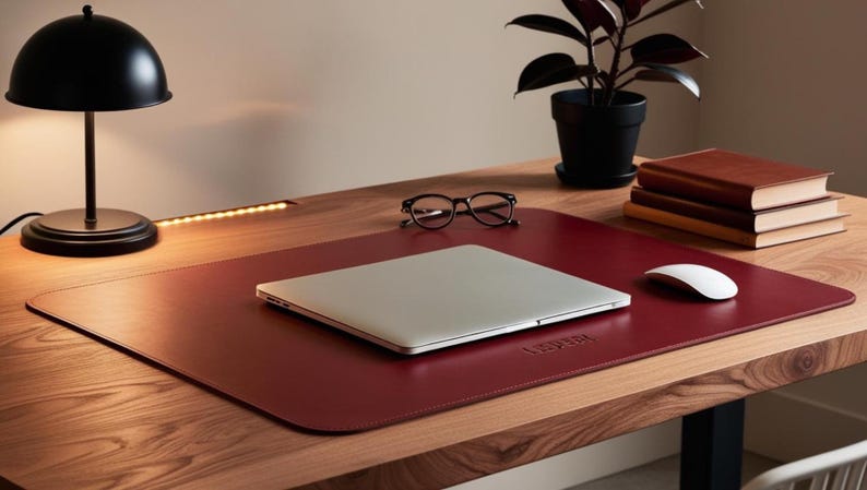 May include: A contemporary desk arrangement with a burgundy leather desk mat, laptop, mouse, and spectacles. A black desk lamp and a stack of books are on a wooden desk. A potted plant adds greenery.