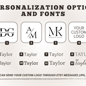 May include: Image displaying personalization options and fonts. Includes logo examples with initials and a custom logo option. Features various font styles for the name "Taylor". Text: "YOU CAN SEND YOUR CUSTOM LOGO THROUGH ETSY MESSAGES (JPG, PDF)".