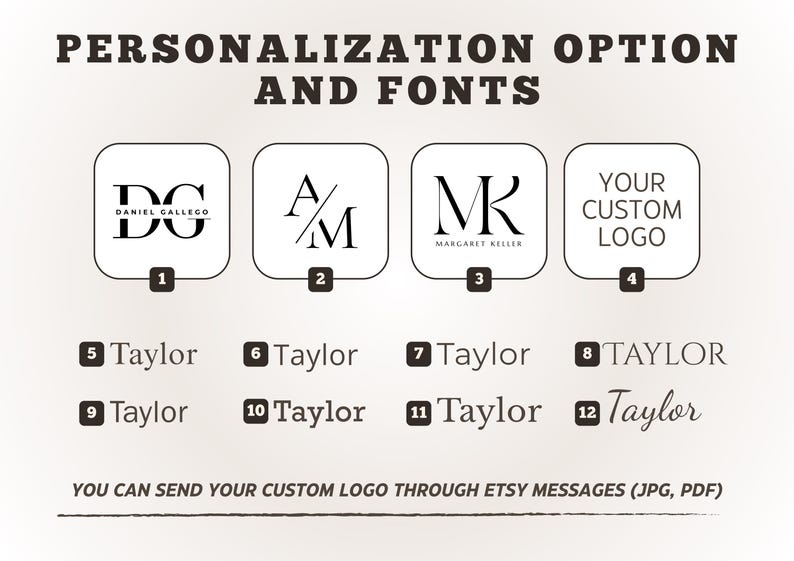 May include: Image displaying personalization options and fonts. Includes logo examples with initials and a custom logo option. Features various font styles for the name "Taylor". Text: "YOU CAN SEND YOUR CUSTOM LOGO THROUGH ETSY MESSAGES (JPG, PDF)".