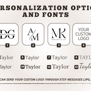 May include: Image showcasing personalization options and fonts. Includes logo examples with initials and names, plus the option for a custom logo. Text reads "PERSONALIZATION OPTION AND FONTS" and "YOU CAN SEND YOUR CUSTOM LOGO THROUGH ETSY MESSAGES (JPG, PDF)".