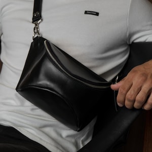Black fanny pack for men, genuine leather hip bag, mens phone bag, gift for men, handmade crossbody bag, leather sling bag, gift for dad