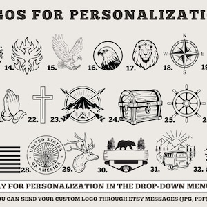 May include: A selection of black and white logos for customisation, featuring a tree, eagle, lion, compass, anchor, dove, praying hands, cross, mountains, treasure chest, ship's wheel, American flag, and more. Text at the top says "LOGOS FOR PERSONALIZATION".