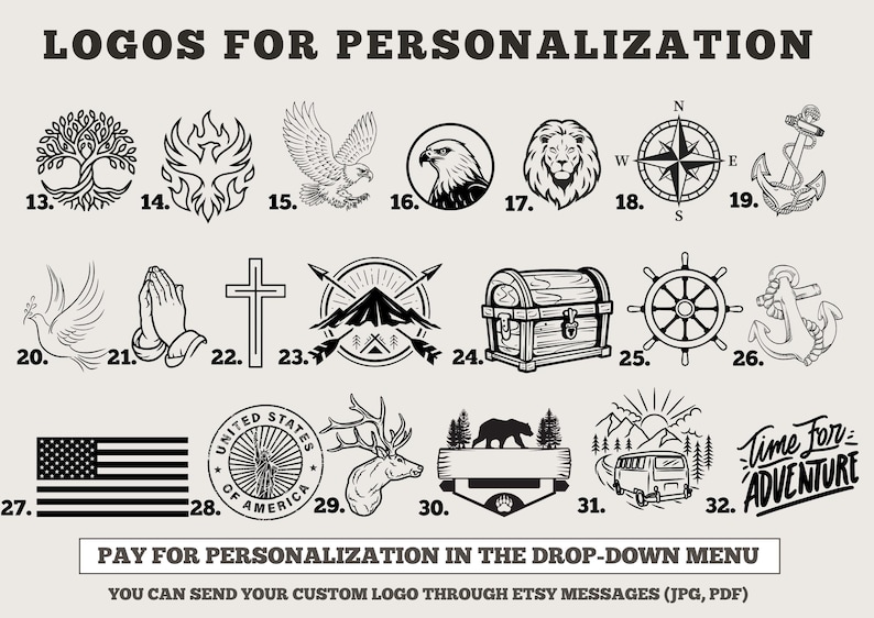 May include: A selection of black and white logos for customisation, featuring a tree, eagle, lion, compass, anchor, dove, praying hands, cross, mountains, treasure chest, ship's wheel, American flag, and more. Text at the top says "LOGOS FOR PERSONALIZATION".