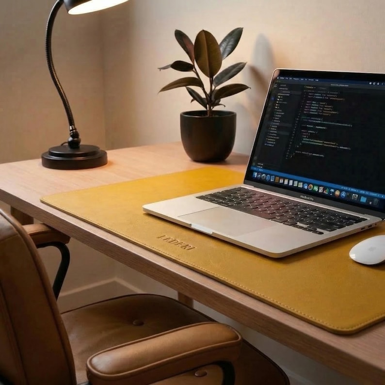 May include: A mustard-yellow leather desk mat with the word "LEDER" embossed on the lower left corner. A laptop, mouse, and black desk lamp sit on the mat. A potted plant and a brown leather chair are also visible.