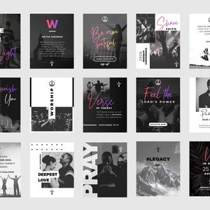 May include: A series of promotional posters with religious themes. Each poster features text and imagery, including phrases like "Creative Night," "Worship," and "Share Faith." The posters use a mix of grayscale and vibrant colour gradients.