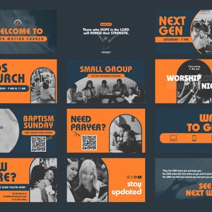 May include: A collection of digital graphics with text and images, featuring an orange and navy blue color scheme. The graphics promote church events, including "Kids Church," "Baptism Sunday," and "Worship Night." The phrase "Stay Updated" is also visible.