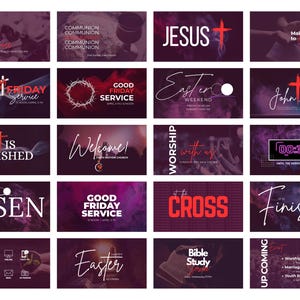 May include: A collection of promotional graphics with a dark purple and red color scheme. The graphics feature text such as "Kids", "Jesus", "Good Friday Service", and "Easter Weekend". Some include crosses and other religious symbols.