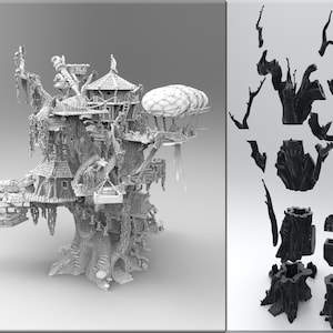Puede incluir: Modelo detallado en escala de grises de un pueblo de casas en los árboles de fantasía, con múltiples niveles, puentes y detalles arquitectónicos intrincados. El modelo está acompañado de componentes separados de tronco y ramas de árbol.
